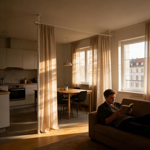Peviasot Freistehende Raumteiler Stange, Höhenverstellbar bis 320 cm, Ohne Bohren für Mietwohnung, Flexibler Sichtschutz & Trennwand, Metall Rahmen, Einfache Montage/Schwarz
