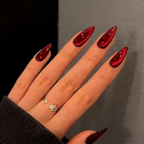 Ongles artificiels en gel doux nymora à presser - 30 pièces, ongles yeux de chat rouges, forme d'amande courte, ongles artificiels scintillants et amovibles pour dames, pour la conception des ongles