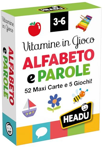 HEADU - Vitaminkarten im Spiel Alphabet und Wörter - 52 Maxi-Karten und 5 Lernspiele | Kartenspiele für Kinder 3-6 Jahre, illustrierte Karten zum Erlernen der ersten Wörter, Geschenkidee zu