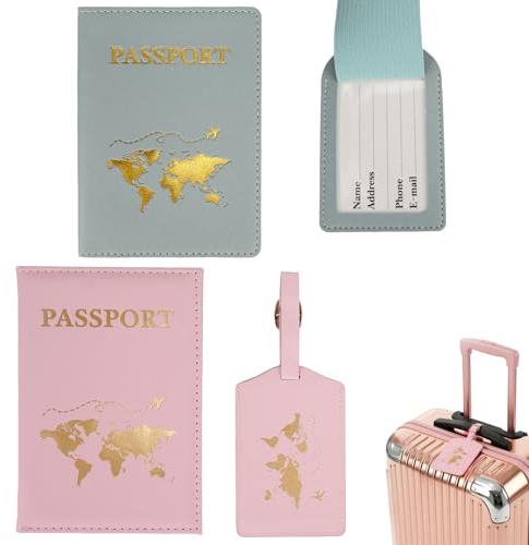Ervoxo Custodia Per Passaporto Con 2 Targhette Per Bagagli, Rosa E Blu, In Poliuretano, Unisex - Adulto