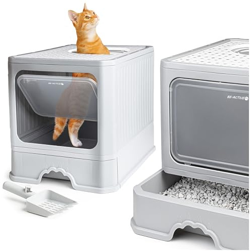 Katzenklo, Katzentoilette, Katzenklo Schrank, Katzenklo mit Deckel, Katzentoilette mit Schublade und Schaufel, 51x38x35,5 cm, Einfache Reinigung, WC für Katzen, Grau BE-ACTIVE PL