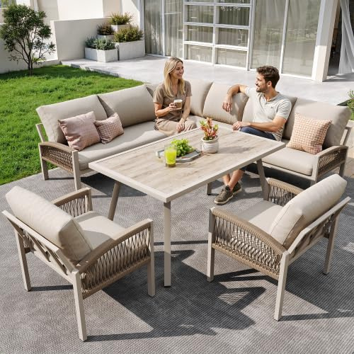 muenfly Gartenmöbel Set Lounge für 8 Personen – Modulare L-Form Sitzgruppe Outdoor, wetterfestes Sofa Set mit Tisch, Eisenrahmen & 8 cm Polster für Terrasse und Garten