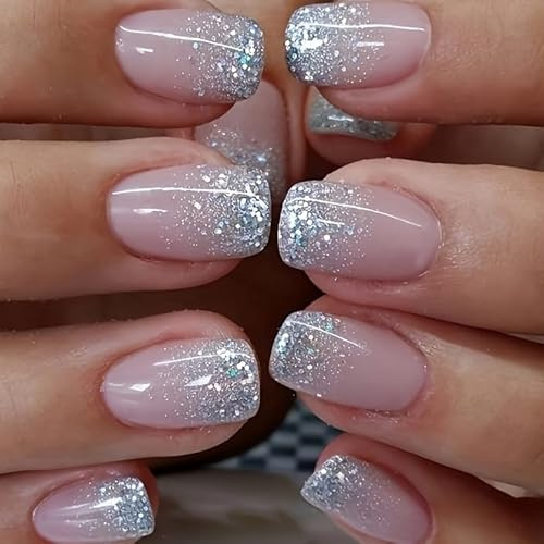 Glitter French Tips Press on Nails Short Square Silver Glitter Designs Full Cover Glossy Reusable Acrylic Stick on Fake Nails for Women Girls Daily Wear Nails Decoration 24Pcs