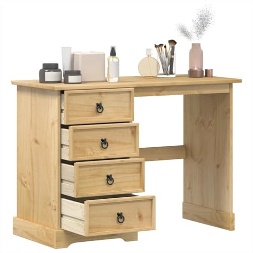 HengCaDa Schminktisch Corona aus massivem Kiefernholz 104x47x75 cm mit 4 Schubladen, Metallgriffen, vielseitig als Schreibtisch, Bürotisch oder Arbeitsplatz für Homeoffice und Büro geeignet