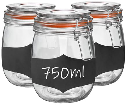 Argon Tableware Glass Jars with Airtight Metal Clip Lid & Chalkboard Stickers - 750ml/26.4oz - 6 Pack - 4 Colour Seals - Kitchen Container Round Preserving Jar for Pickling, Chutney, Jam, Coffee
