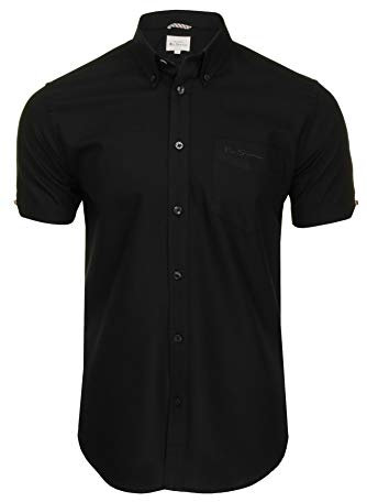 Ben Sherman Men's Button-Down Collar Oxford Shirt, Short Sleeved, Regular Fit (Black (Embroidered Pocket Logo)) L