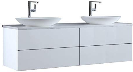 StoneArt Badmöbel Set mit Mineralguss Waschbecken Waschschale Aufsatzwaschbecken und Unterschrank Waschtisch Einzel- oder Doppelwaschbecken Brugge BU-1601pro-3 weiß 160cm