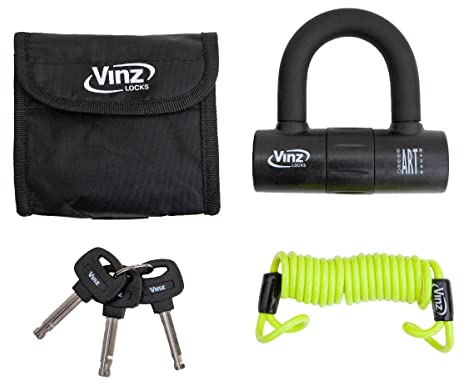 VINZ Dinara Bremsscheibenschloss ART4 | Schloss für Motorrad Roller Moped Scooter für Bremsscheiben mit Errinerungskabel | Scheibenschloss mit 3 Schlüssel | Schwarz