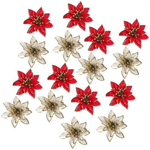 NUOBESTY 24pcs Artificial Christmas Flowers Decorations Red Poinsettia Flowers Picks Gold Glitter Artificial Christmas for Xmas Tree Wreaths Garland Ornaments 8cm