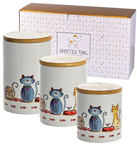 SPOTTED DOG GIFT COMPANY Keramikdosen mit Deckel - Vorratsdosen 3er Set - Luftdicht, Kaffeedose Teedose Zuckerdose für Küche, Keramik Aufbewahrungsdosen mit Katze-Motiv Geschenk Katzenliebhaber