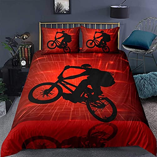 Homemissing Junge Bettwäsche Set 135x200cm Offroad Motorrad Betten Set Muster BMX Abstrakt Biker Silhouette Feuerrot Geometrischer Druck Bettbezug Set und 1 Kissenbezüge
