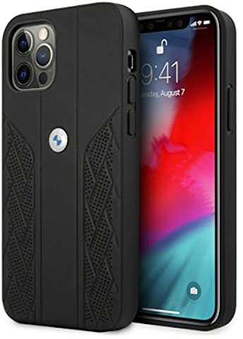 CG MOBILE BMW Handyhülle für iPhone 12/12 Pro in Schwarz Perforierter Sitz mit eingestanzten Linien, Schutzhülle aus echtem Leder, langlebige Schutzhülle mit einfachem Schnappverschluss, Stoßdämpfung
