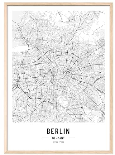 JUNOMI® Berlin Poster DIN A2 mit Rahmen Natur, DIN A2 Wohnzimmer Deko, Modernes Wandbild, Berlin Bild, Wandbild mit Rahmen, Stadtplan Poster Berlin, perfekte Geschenkidee für Berliner