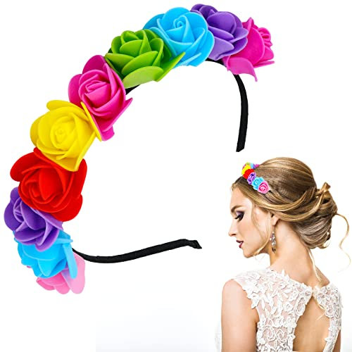 Floral Wedding crown, PROUSKY Rose Flower Crown Hair Wreath Floral Headband Flower Hair Accessory, Suitable for Wedding, Parth, Mother's Day, Birthday, Daily Wear,Rainbow
