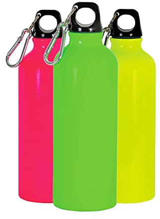 BSSTORE Gourde couleur Fluo avec bouchon en plastique et mousqueton (500 ml) en aluminium - Pour excursions, Sport, Camping, Vélo, Fitness, Yoga, École, Palestra. (vert Pommea)