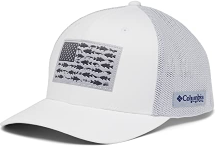 Columbia Unisex-Erwachsene PFG Fischflagge Mesh Ballkappe Cap, Weiß/Cool Grey/Bass-Flagge, Small-Medium