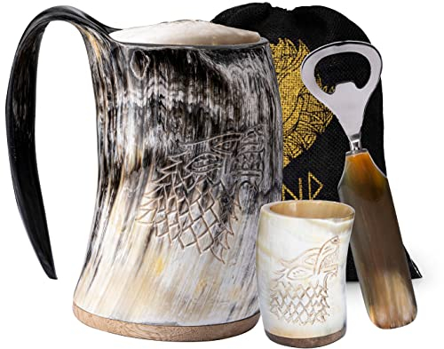 Fenrir Tasse en corne de Viking de 453,6 g avec verre à shot et ouvre-bouteille pour bière et boisson froide – Excellente idée de cadeau de Noël