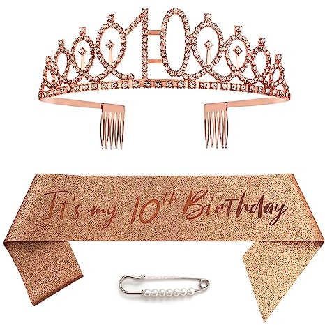 10. Geburtstag Schärpe Und Tiara, Krone 10 Roségold Kristall Geburtstagkrone Set,Rose Gold Geburtstagskrone Schärpe Deko Birthday Crown für Mädchen Frauen Birthday Party Accessoires