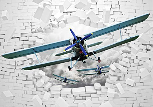 wandmotiv24 Fototapete Sport-Flugzeug Ziegel, 300 x 210 cm - selbstklebende Strukturtapete, Wanddeko, Wandbild, Wandtapete, Himmel, Loch, Mauer M1288