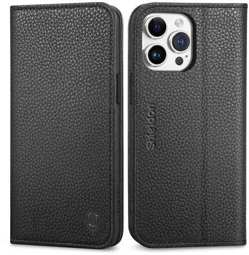 SHIELDON Hülle für iPhone 15 Pro Max 5G, Handyhülle [Litschi Echtleder] [RFID Blocker] [Kartenfach] [Magnet] [Stand], Schutzhülle Lederhülle Klapphülle Kompatibel mit iPhone 15 Pro Max 6,7 - Schwarz