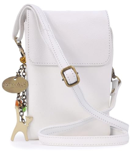 Catwalk Collection Handbags - Damen Leder Umhängetasche - Crossbody Bag Handytasche Klein - Verstellbarer Abnehmbarer Gurt - BILLIE - Weiß