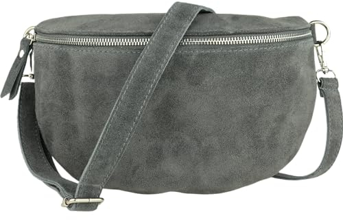 MIRROSI® Bauchtasche Damen, Made in Italy, Echtleder Umhängetasche Echtes Leder, Brusttasche, Crossbody Bag aus WLD Veloursleder, in 3 Größen erhältlich (D.Grau WLD Silberner Reißverschluss) (Gr.L)