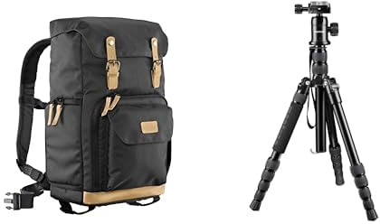 Mantona Fotorucksack Luis Schwarz + Retro DSLM Reisestativ, Kamerarucksack mit Echtleder-Applikationen, inkl. Regenschutzhülle, geeignet für 1x DSLR-Kamera, 3X Objektive und diverses Fotozubehör
