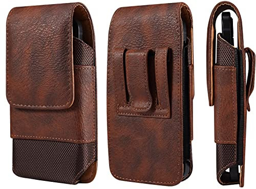 Cell Phone Holster with Belt Loop, Vertical Phone Waist Pack Leather, 6.5 Universal Leather Phone Belt Clip Case with Carabiner Smartphone Belt Loop Sport Travel Waist Holder Bag Pocket Wallet Purse