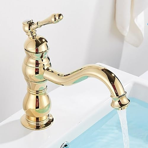 Waschtischarmatur, Einhebelmischer, Warm- und Kaltmischbatterie, Badezimmer, Waschbeckenarmatur, antikes Messing, drehbarer Waschbeckenhahn, kurzes glänzendes Gold