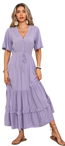 R.Vivimos Abito Boho Estivo Donna Abito Sexy Scollo a V Bottoni Manica Corta Vestito Elegante con Volant Orlo Abito Lungo Maxi da Spiaggia Casual per Le Vacanze(S,Lilla Viola)