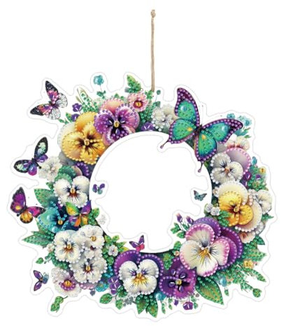 ARVALOLET PVC Double Sided Special Shaped Flower Butterfly Diamond Art Painting Wreath Hanging Sign Diamond Art Painting Hanging Garland Ornament for Home Window Door Decor Gift