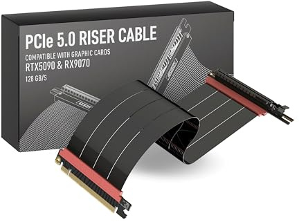 LINKUP - AVA5 PCIE 5.0 Riser-Kabel [50cm (Gesamtlänge 54cm)] RTX5090 RX9070 GPU Bereit | x16 128GB/s Geschwindigkeit | PCIe 4.0 & WRX80/WRX90E Kompatibel | Linkswinkel Schwarz