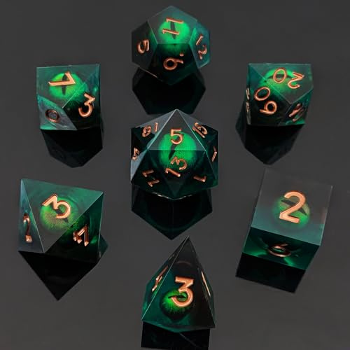 ORUZA 7 Stück Drachenauge Polyedrische Harz Spielwürfel DND Würfel Set D&D Würfel für Dungeons and Dragons RPG MTG Pathfinder Rollenspiel D4 D6 D8 D10 D% D12 D20