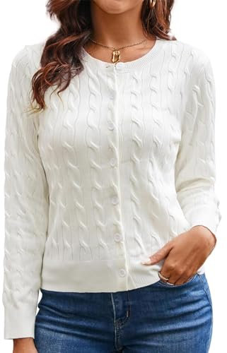 GRACE KARIN Women Lightweight Cardigan Button Down Crew Neck Knitwear Sweater Tops Long Sleeve Cable Knit Shrugs L White