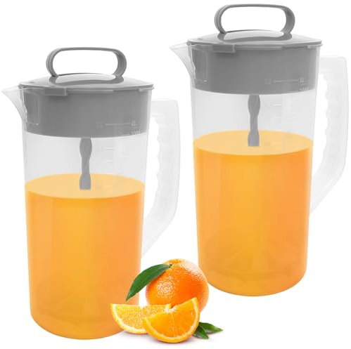 YEXEXINM 2 Quart/ 64oz Plastic Clear Mixing Pitcher with Lid, Easy-Mix Juice Container, Angled Plastic Blades and Adjustable Mixer Plunger, No-Spill Design