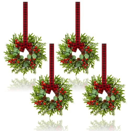 Kleiner Weihnachtskranz – Mini-Kränze mit roter Beere, Kiefer, Eukalyptus, Weihnachtskränze für Tür, Küchenschränke, Fenster, Kamine, Dekoration, 4 Stück