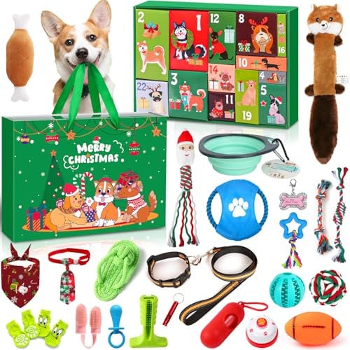 iZoeL Adventskalender für Hunde 2025 Weihnachtskalender 24 Hundespielzeuge Hundehalsband Spielzeug Weihnachten Geschenk Hundeliebhaber Wiederverwendbar Adventskalender Geschenke