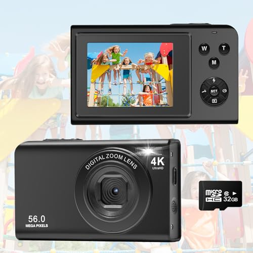 Digitalkamera, AutoFocus 4K Fotoapparat Fotokamera mit 32GB Speicherkarte,16X Digitalzoom,56MP with 2,7 großem Bildschirm, Kompaktkamera Fotokamera für Kinder Einsteiger