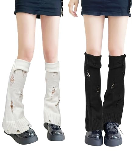 QKURT 2 Pairs Ladies Leg Warmers Winter White Black Leg Warmers Knitted Distressed Ankle Warmers Knee High Stockings for Women Girls