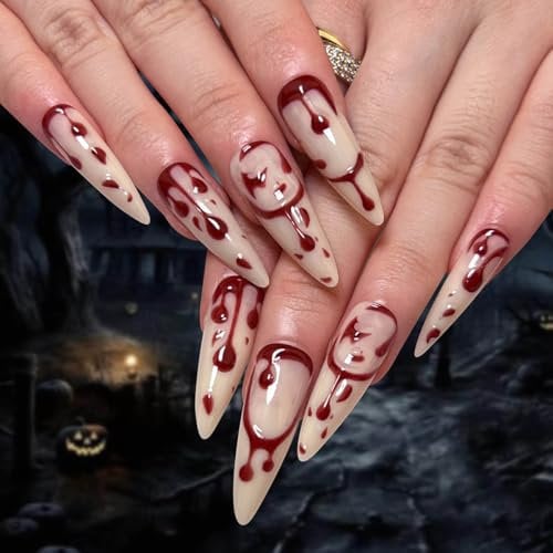 Clataly 24Pcs French Style Long Pointed Blood Droplet False Nail Red Flame Dyed Fake Nails Halloween Fake Nails Press on Nails for Women (A, 24)