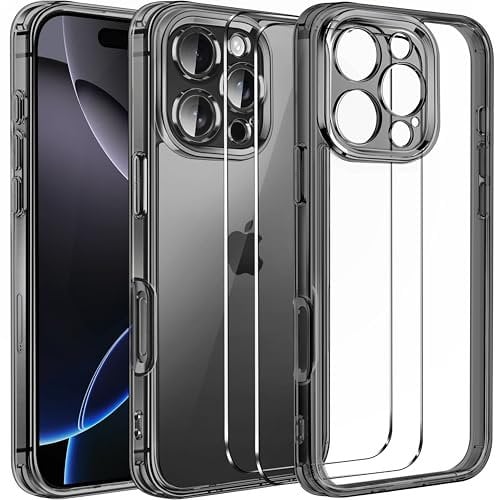 ivoler Clear Case Compatible with iPhone 16 Pro 6.3 inch, 1 Phone Case + 2 Tempered Glass Screen Protector, Non-Yellowing Military Shockproof Anti-Scratch Slim Phone Case Cover- Black