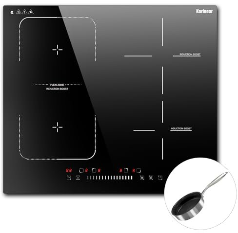 Karinear placa induccion 4 fuegos 60 cm, 7200W, Sartén incluida, Zonas flexibles, Control deslizante, 9 niveles de potencia, Función Boost, Temporizador, Sin enchufe