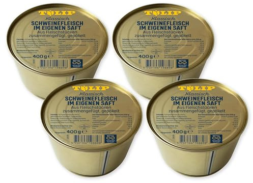 TULIP 4x 400 g Schweinefleisch im eigenen Saft | Fleisch Schwein 94% | Frühstücksfleisch in der Konserve | Ideal als Belag oder zum Anbraten | Konservenfleisch