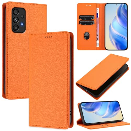 DENDICO Handyhülle für Samsung Galaxy A53 5G Hülle, PU Leder Klapphülle mit RFID-Blockierung, Stoßfeste Magnetische Schutzhülle für Samsung A53 5G, Orange