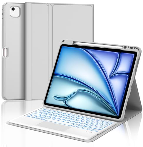 Occtingkind Für iPad Air 13 Hülle mit Tastatur: 7-Farben LED + Trackpad | Air 13 2025 M3/2024 M2 & Pro 12,9 (6./5./4./3. Gen) 2018-2022 | Bluetooth Tastatur | Abnehmbares | QWERTZ | USB-C | Hellgrau