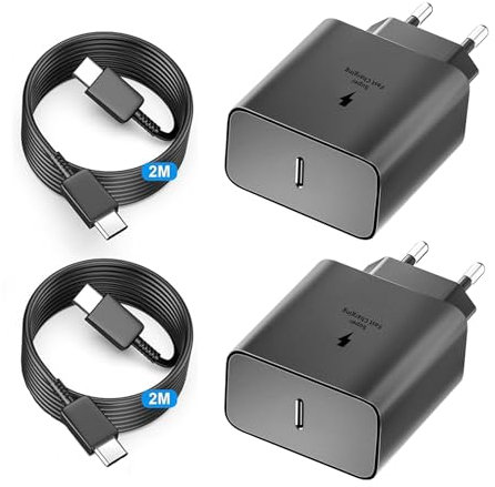 2Pcs Chargeur 45W Super Charge Rapide pour Samsung Galaxy S25,S24+,S24 Ultra,S23+,S23 Ultra, S22,S21,Note20,A54,A53,Z Fold5,Flip5,Fold4, Flip4,Tab S8,Prise Secteur USB C Adapteur avec 2m Câble USB C