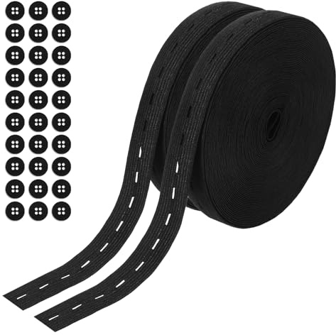 2 Rollen Gummiband mit Knopflöchern 20mm, Robustes Hosengummi Lochgummiband mit 30 Knöpfen, Strapazierfähiges Gummiband Nähen Schwarz zum Hose Enger Machen, Reparatur-Set für Arbeits- & Herrenhosen