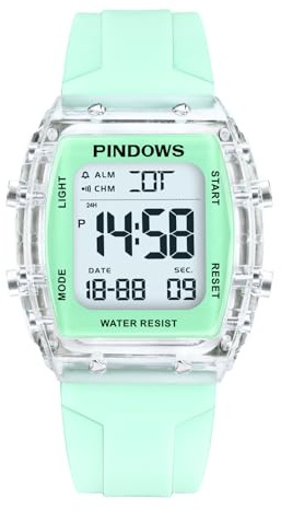PINDOWS Digitale Sportuhr für Damen, transparentes Gehäuse, helles LED-Licht, 5 ATM wasserdicht, Stoppuhr-Alarm, Dualzeit, stilvolle Uhr für aktive Damen und Teenager