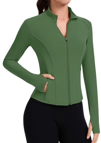 IECCP Gym Tops for Women Sport Jacket Running Top Long Sleeve Workout Shirts Fitess Breathable Yoga Tops with Thumb Hole and Zip Side Pocket Army Green XL