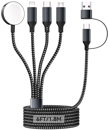 4 in 2 Multiplo Rapida Caricatore per A pple Watch, 1.8M/6FT Cavo Ricarica Intrecciato Nylon con Porta iOS/Micro USB/Tipo C/iWatch, Compatibile per iWatch Ultra/SE/1-11/iPhone/AirPods/Galaxy
